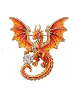 Enamel Fire Dragon Brooch With Rhinestone Detailing Gold Tone